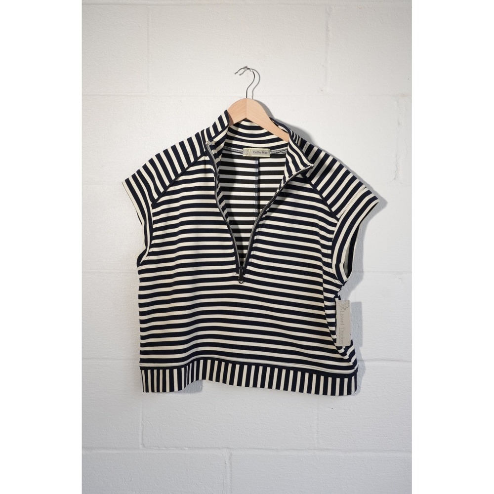 Callie Mac Striped Quarter Zip Vest Womens Large Navy‎ White Sleeveless Top